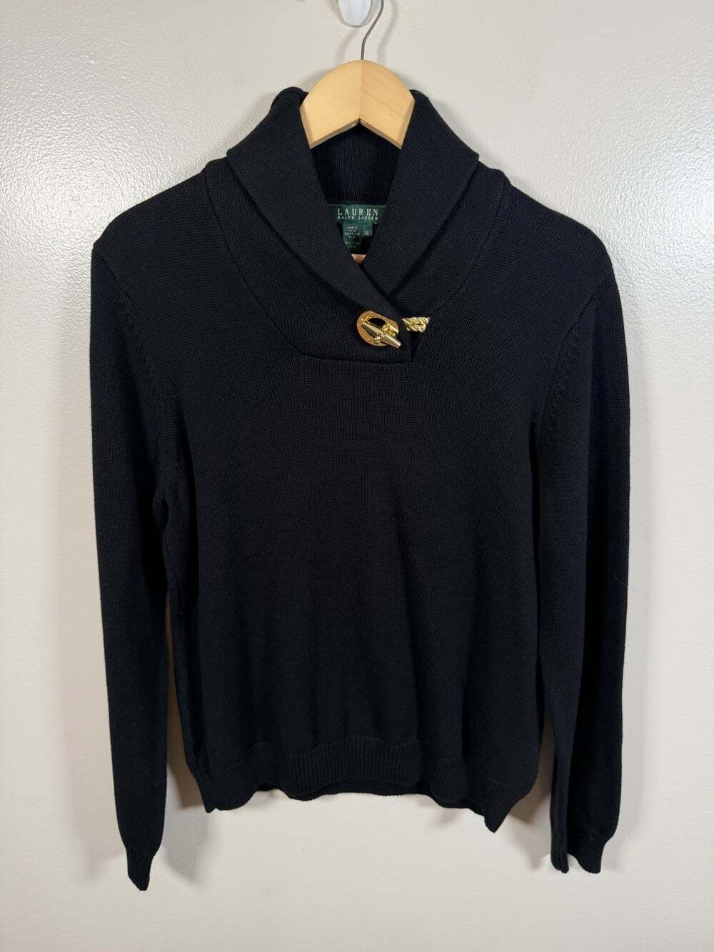 Lauren Ralph Lauren Shawl Collar Toggle Sweater Size XL Black Preppy 100% Cotton